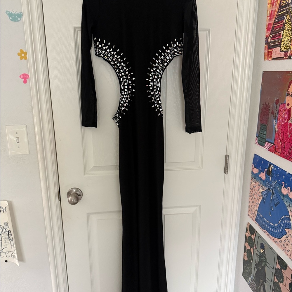 Black Long-Sleeve Evening Gown with Silver Embellishment